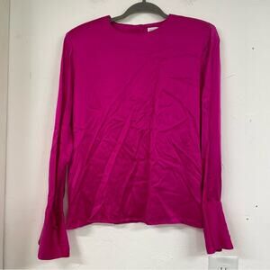 Vintage Hot Pink Silk Long Sleeve Blouse Shoulder Pads Womens 10 Barbie Core